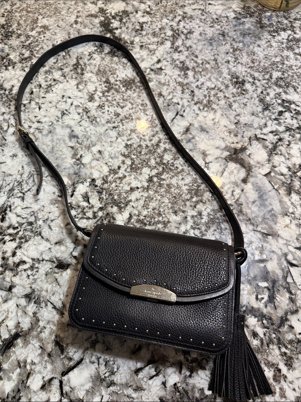 kate spade Black Pebbled Leather Crossbody with Tassel & Studs